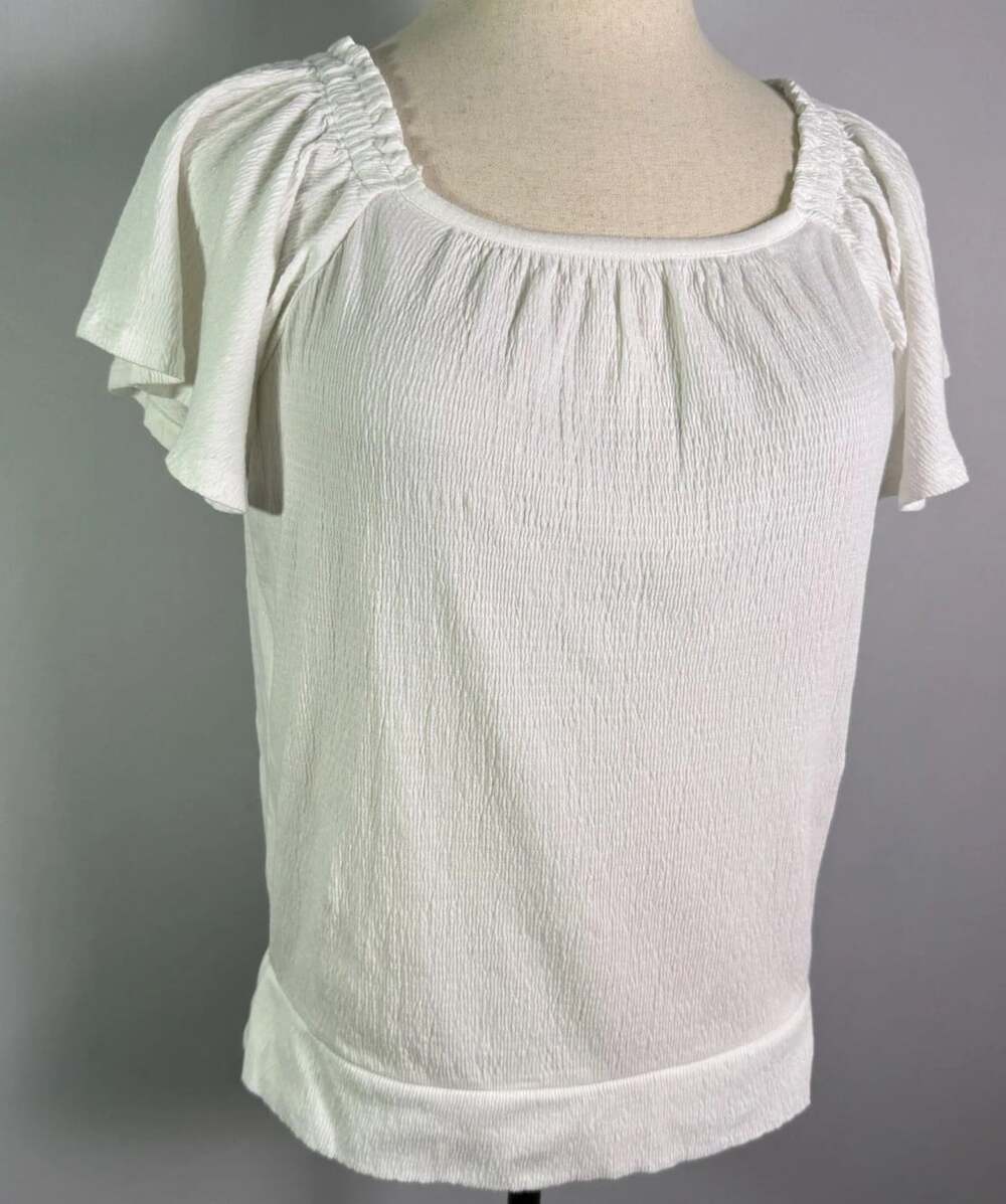 LOFT Womens Large NWT White Crinkle Knit Flutter Sleeve Square Neck Top Blouse